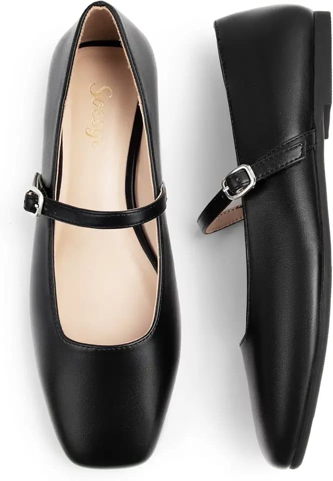 Soesyi Women's Mary Jane Ballet Flats Square Toe Ankle Strap Shoes for Women Adjustable Buckle Soft Dressy Party Wedding