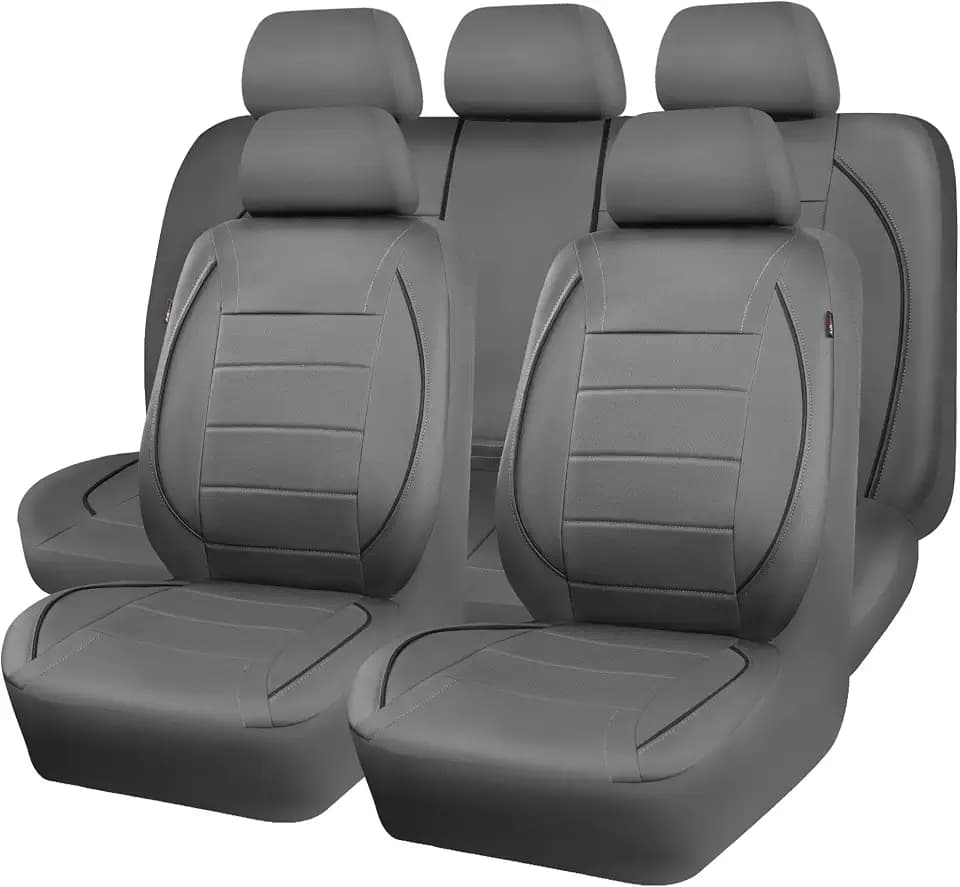 CAR PASS Piping Faux Leather Car Seat Cover Full Set,Grey Breathable Leather Seat Covers for Cars, Airbag Compatible,Universal Fit for SUVs,Van,Sedans,Small Trucks (Full Set, All Gray)