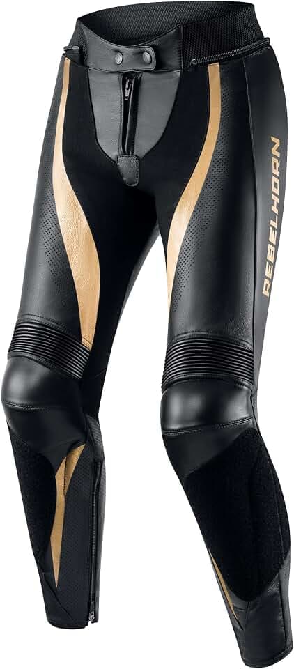 REBELHORN Rebel Motorradhose Damen | Leder | Knie und Hüft Protektoren | Austauschbare Knieschieber | Perforierte Paneele | Größen bis 46