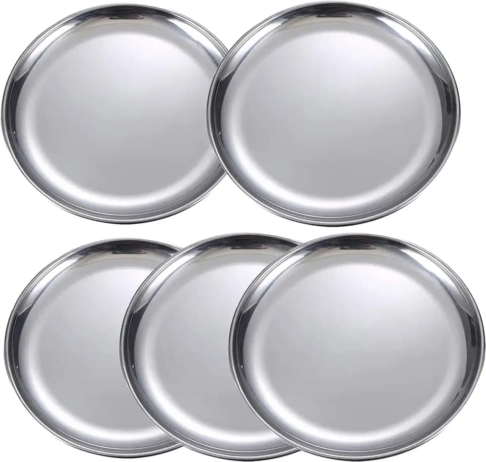 5 Stück runde Edelstahlteller, tragbares Geschirr Set für Outdoor Camping, Wandern, Picknick, BBQ, Strand (25,4 cm Durchmesser).