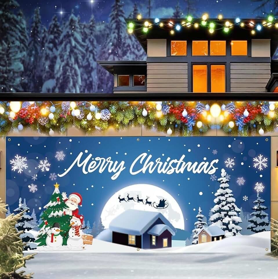7 x 16 Ft Christmas Garage Door Banner Decorations,Festive Santa Snowman and Christmas Tree, Double Extra Large Garage Door Cover for Holiday Party Supplies and Outdoo