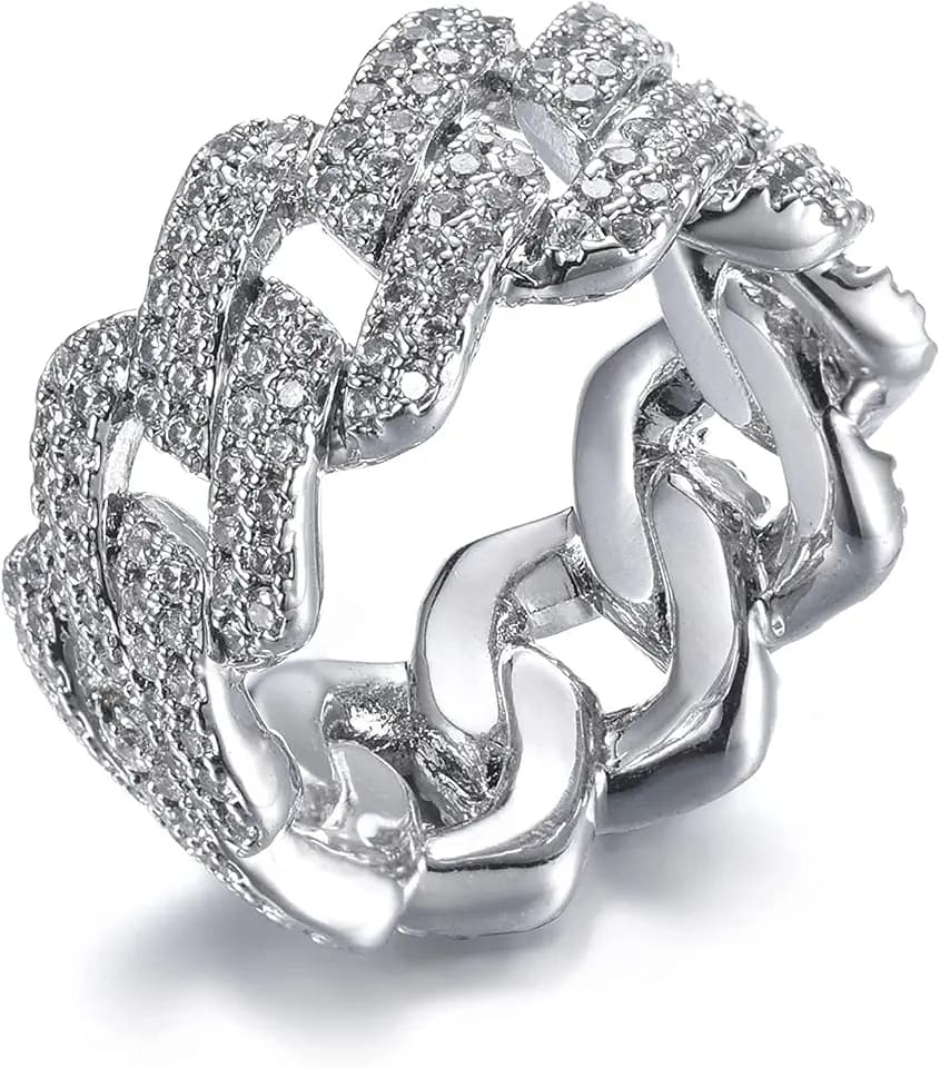Apzzic 13mm Cuban Link Ring Bling Iced Out 2 Row CZ Diamond Hip Hop Engagement Band Ring for Women Men