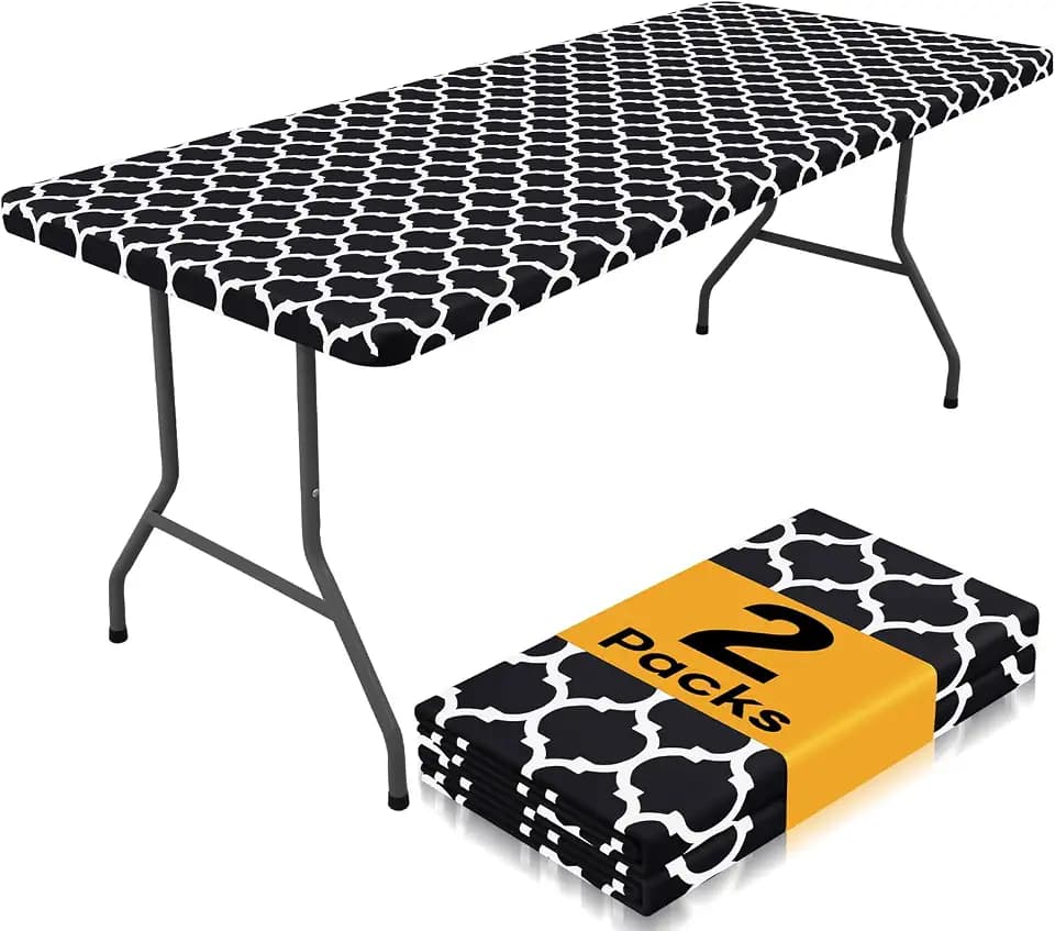 Smiry 2 Pack Rectangle Table Cloth 4 Foot, Waterproof Elastic Fitted Tablecloths, Windproof Washable Polyester Table Cover for Picnic, Camping, Outdoor (Black, 24"x48")