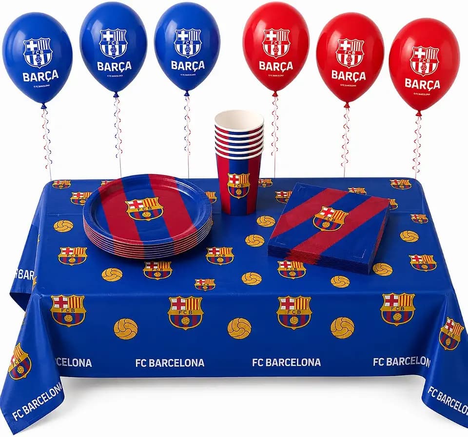 FC Barcelona Geburtstagsset, 35 Stück für 8 Personen, FC Barcelona Party Dekoration, Kindergeburtstagsgeschirr mit Tischdecke, Luftballons, Teller, Becher und Servietten (gestreift, 35 Stück)