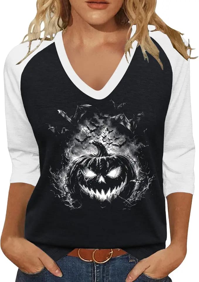 Womens Fall Halloween Thanksgiving Color Block V Neck Shirt