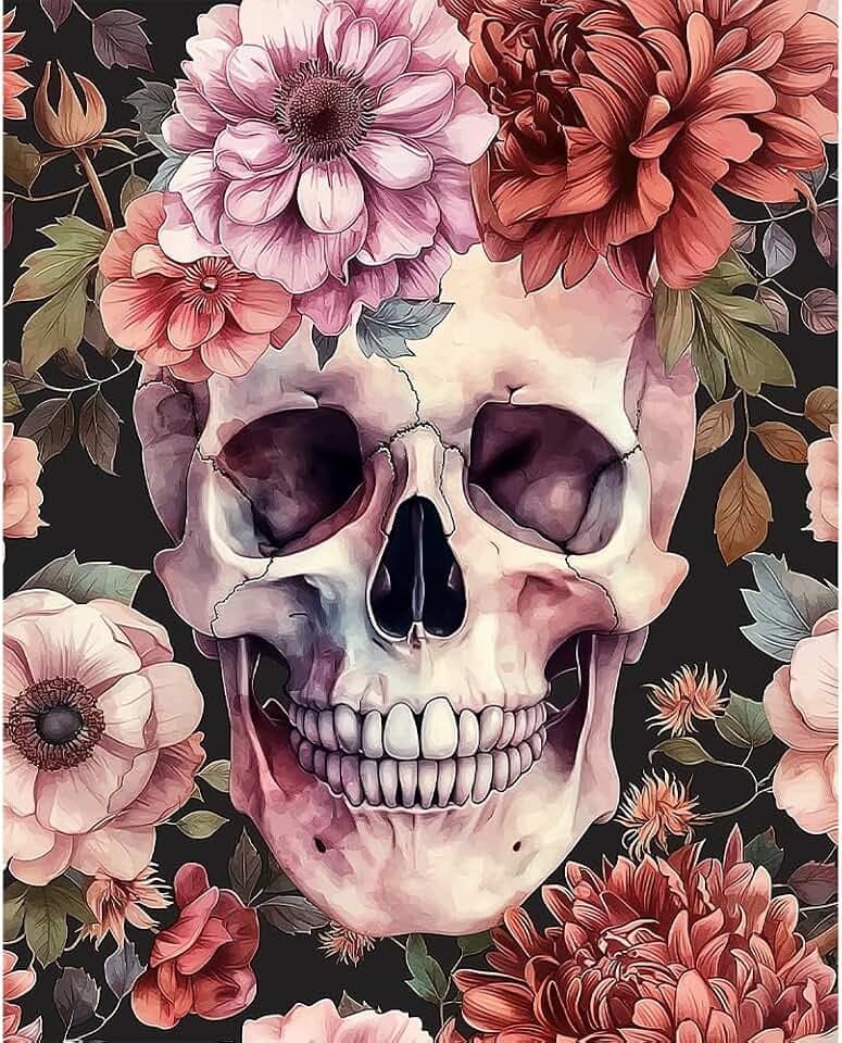 Natuyalo Paint by Numbers Kit for Adults - Paint by Number on Canvas Without Frame, Skull and Flowers DIY Acrylic Painting for Ideal Gift Home Wall Decor (16x20 Inch)