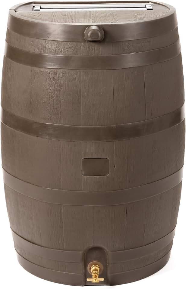 RTS Home Accents 50-Gallon Rain Barrel with Brass Spigot, Flat Back Rain Water Collection Barrel, Walnut Color