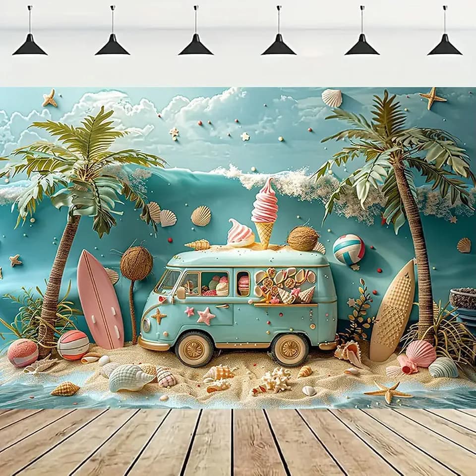 Ice Cream Dessert Truck Photography Backdrop Summer Beach Themed Party Decorations Background Palm Trees Kids Birthday Portrait Backdrop Summer Vacation Birthday Wedding Party Backdrop (7X5FT,1)