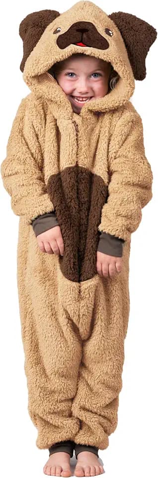 Hunde-Einteiler für Jungen oder Mädchen aus weichem Fleece mit Schwanz in Kindergrößen 2-13 Jahre in Schwarz, Weiß oder Beige