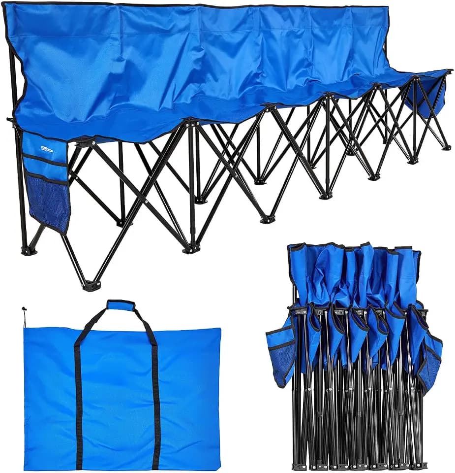 VEVOR Portable Folding Bench, 6 Seat Foldable Soccer Bench with Side Pockets and Carrying Bag, Lightweight Sideline Seating with Back Rest for Football, Baseball, Camping, Outdoor Events, Blue