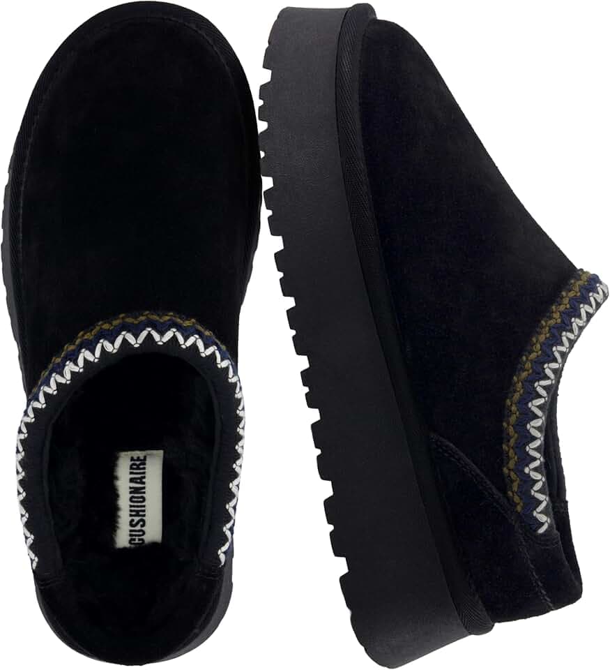 CUSHIONAIRE Kabuki Platform Boots Genuine Suede Fuzzy Mule Slippers for Women with Memory Foam | Indoor/Outdoor Womens Slippers | Wide Widths Available