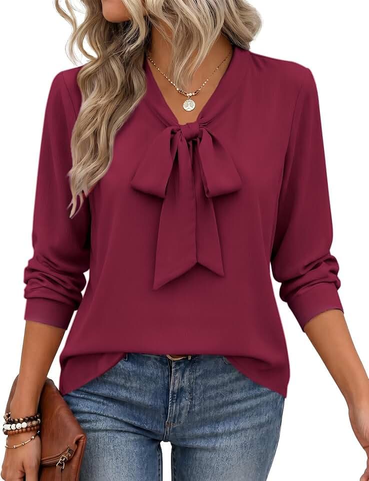 Zeagoo Blouses for Women Bow Tie Neck Chiffon Long Sleeve Shirt Work Tops