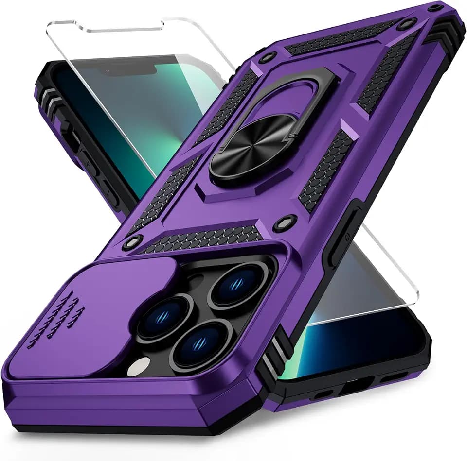 for iPhone 13 Pro Case with Camera Lens Cover, HD Screen Protector, 10 FT Military Grade Drop Protection, Magnetic Ring Holder Kickstand Protective Phone Case for iPhone 13 Pro, Deep Purple