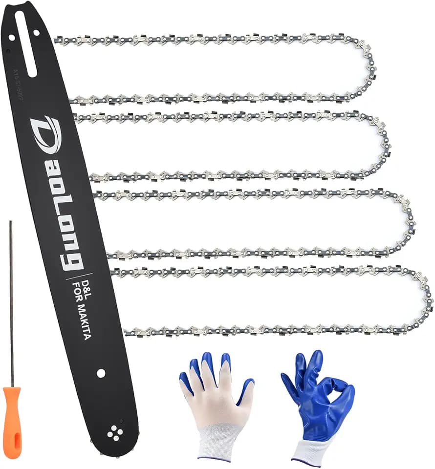 16 Inch Chainsaw Bar & Chain Combo - 3/8"LP Pitch .050" Gauge 56 Drive Links Fits Ryobi, Echo, EGO& More,Complete Saw Chain Kit (4 Chains + 1 Bar + 1 File + 1 Pair of Gloves)