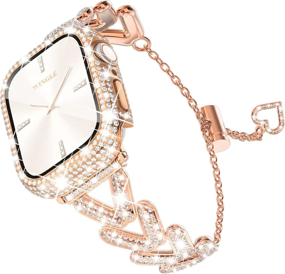 WINGLE Bling Band and Case for Apple Watch Band 45mm Series 9 8 7 Women, Luxury Sparkle Rhinestone Crystal Metal Band Designer Chain Bracelet with Diamond Screen Protector Case, 45 mm Rose Gold