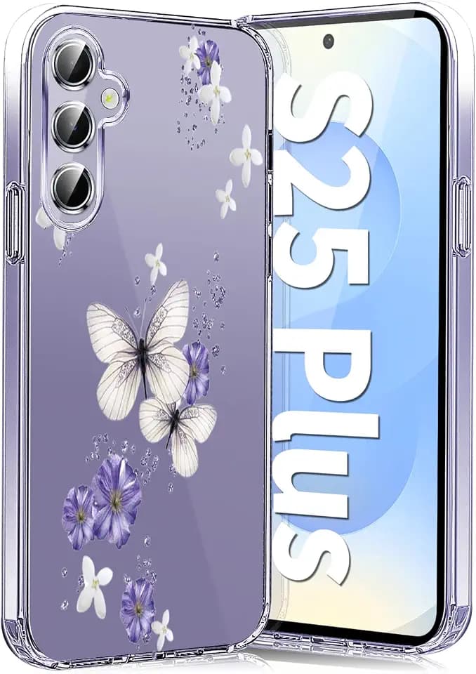 Samsung Galaxy S25+ 5G Hülle - Soft Silikon TPU Schutzhülle mit Blumen und Schmetterlings Muster, Dünne Weiche Transparent Clear Case (D)