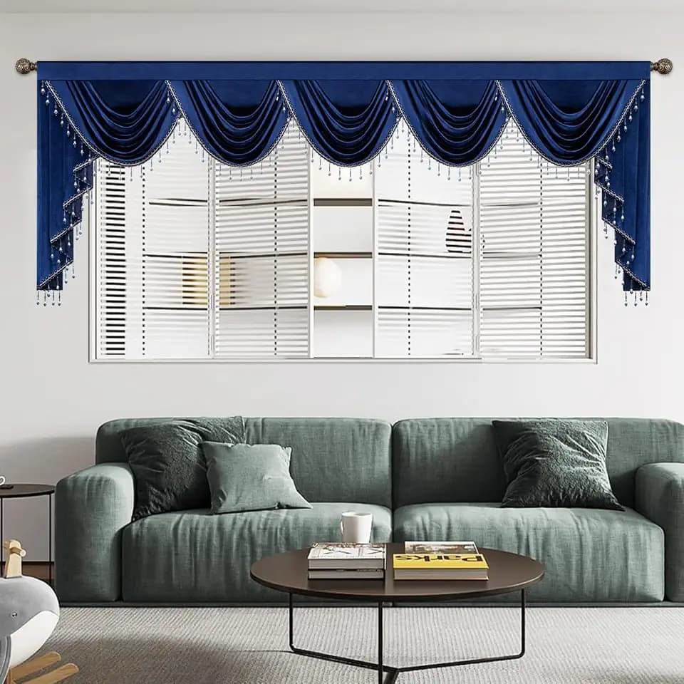 Leeva Grand 138" Wide Velvet Valance, Royal Blue Waterfall Swag with Beaded Tassel Trim, Luxurious Window Treatment for Home Theater & Wedding Banquet