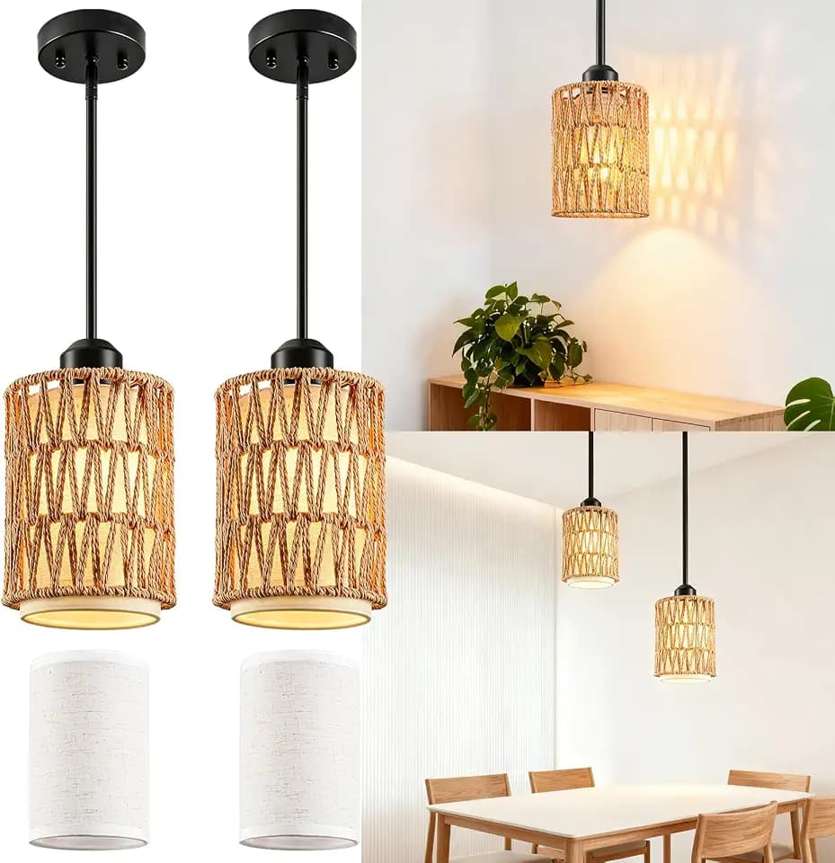 Rattan Pendant Light, 7 Inch 3-in-1 Boho Hanging Fixture, Linen Shade