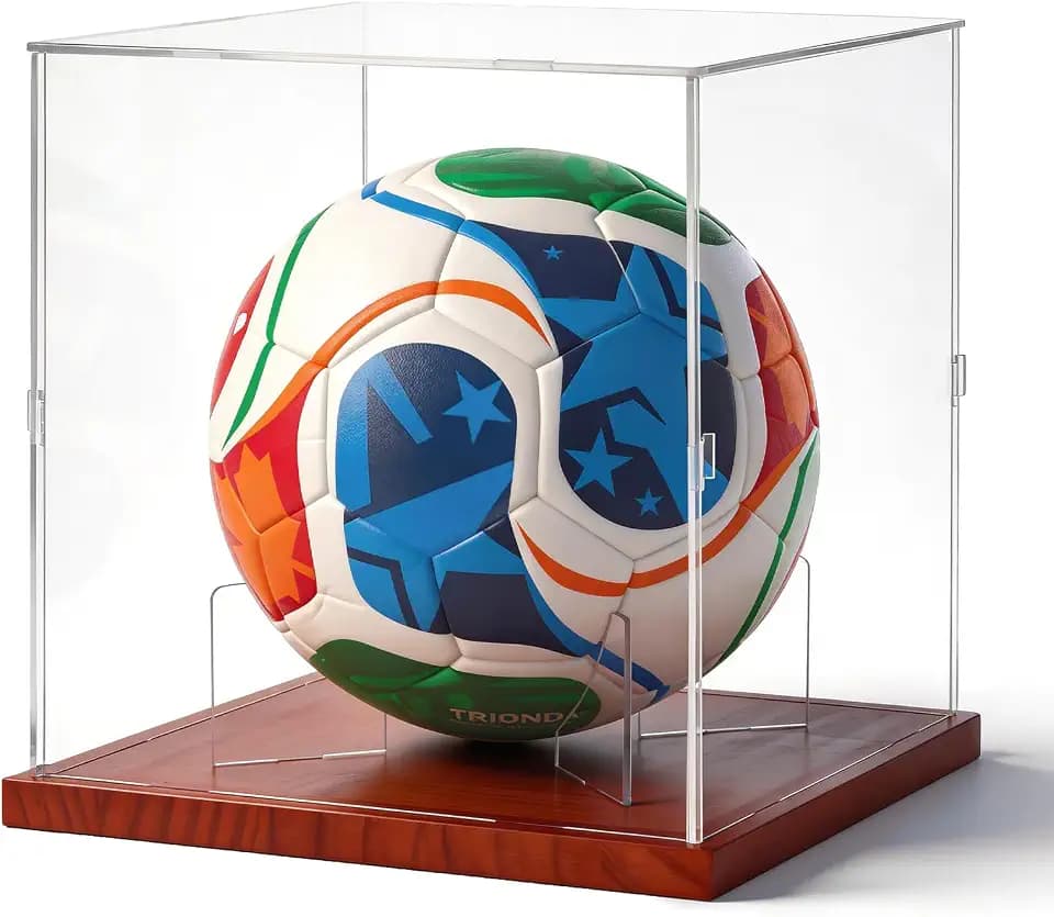 Fitense Full Size Acrylic Soccer Ball Display Case Solid Wood Base