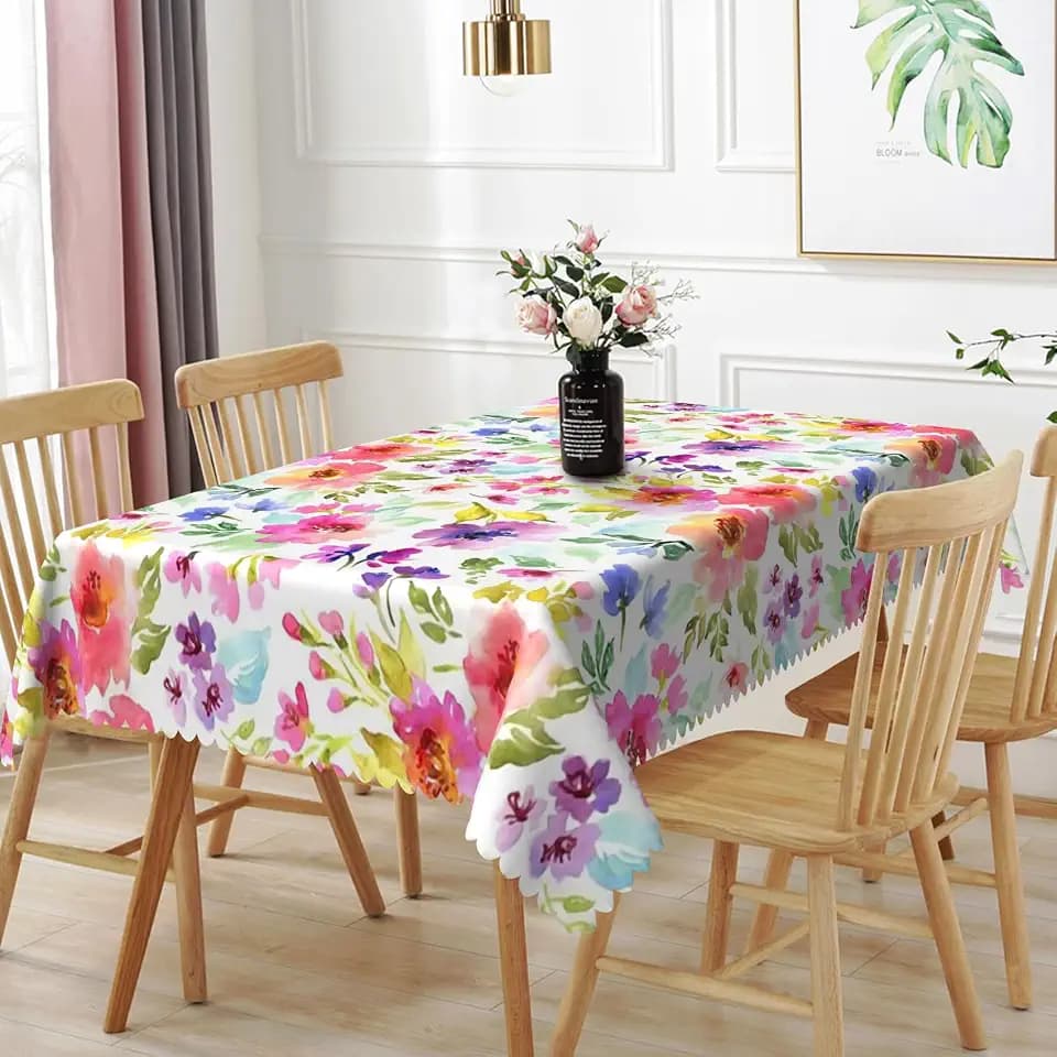 70x140inches Spring Floral Rectangle Tablecloth Colorful Watercolor Flowers with Leaves Printed Table Clothes Cover for Dining Room Kitchen Home Decor Patio Garden Picnic Indoor Outdoor Party