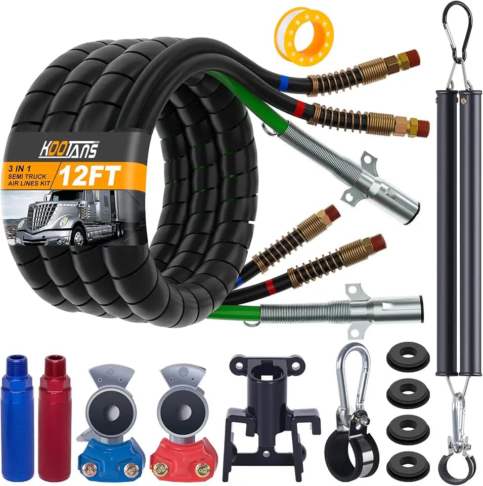 KOOTANS 12FT Semi Truck Air Line Kit with Gladhands, Handles, Holder, Tender Spring Kit 3 in 1 Air Brake Hoses and 7 Way Trailer Cord Air Lines Set for Semi Truck Trailer Tractor