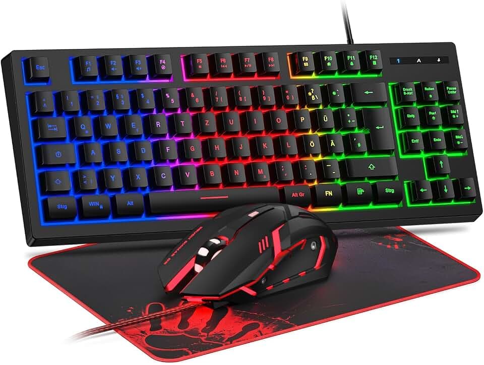 Gaming Tastatur und Maus Set, QWERTZ DE Layout, 75% TKL, RGB Hintergrundbeleuchtete Kabelgebundene Tastatur, Ergonomische 4 Farbige LED Gaming Maus, Großes Mauspad, USB Plug & Play für PC