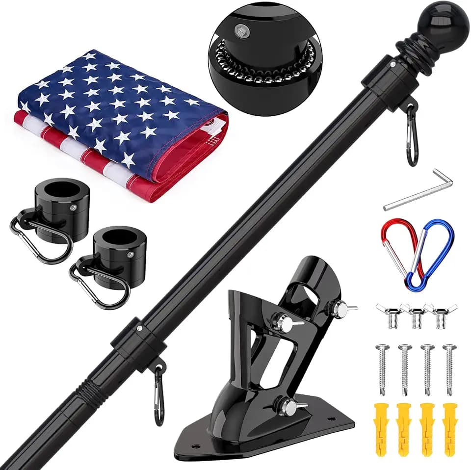 ZMTECH American Flag with Pole- 6FT 1" Stainless Steel Flag Poles with Holder for Outside House, Upgraded Tangle Free Rings and Bracket, Residential or Commerical (Black, No Light)