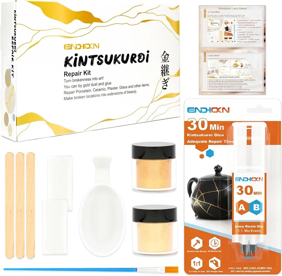 Endhokn Keramik Reparaturset Gold - Anfänger Kintsukuroi DIY Art Kit Und Geschenk-Set - 25ml Goldkleber für Reparatur und Verschönerung von Porzellan, Gips, Glas, etc