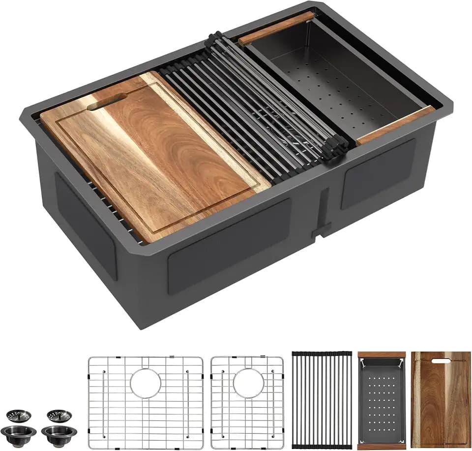 30"x19" Undermount Black Double Bowl Kitchen Sink Workstation