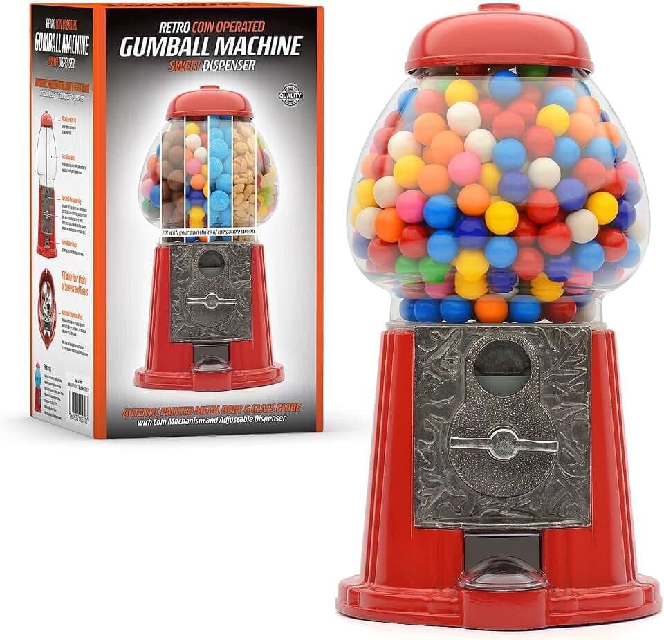 CKB LTD Retro Münze betriebene Kaugummi-Maschine Süßigkeitenspender – Kaugummiautomat Runde Pralinen, Kaugummis, gemischte Snacks, Nüsse, Leckereien, Münzaufbewahrung, groß 28 cm, rot