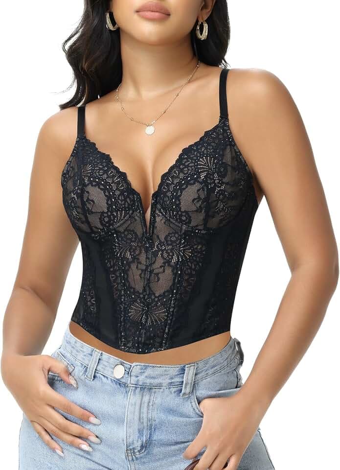 SHAPERIN Damen Spitzen Tank Top Bustier Korsett Oberteil Träger Top V Ausschnitt Push Up Bralette Trägertop Party Club