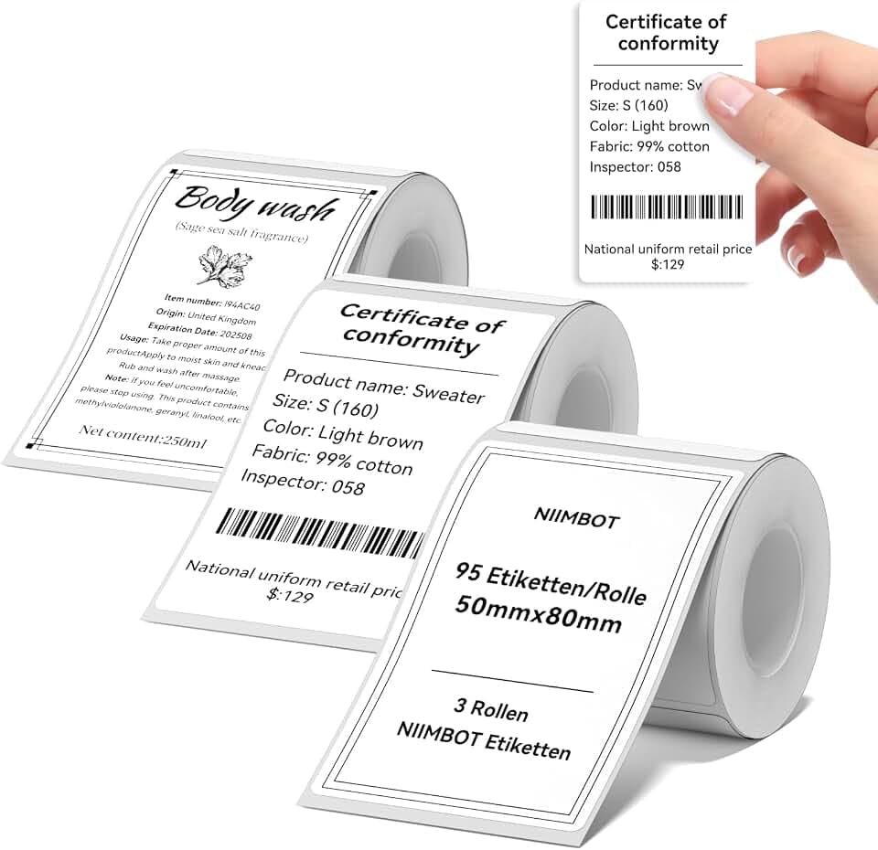 NIIMBOT Rund Etiketten Kompatible für B1 / B21 / B3S Etikettendrucker, 3 Rollen 50 x 80mm Thermo Etikettenband für Supermärkte Einzelhandel Büro, 95 Etiketten/Rolle, Weiß