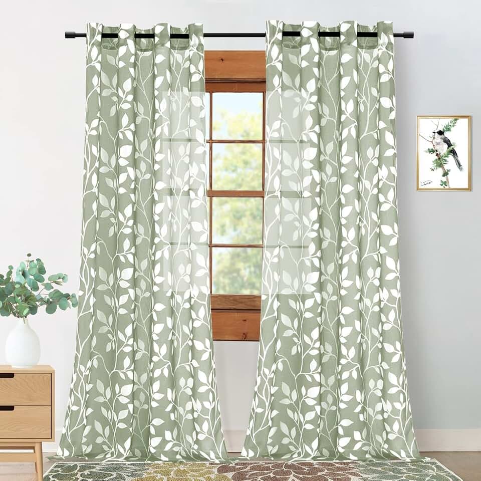 Sage Green Leaf Sheer Patterned Curtains, Tree Branch Floral Nature Botanical Curtains for Living Room Bedroom, 84 Inch Long, Cottage Core Boho Farmhouse Window Treatments (2 Panel, Light Green White)