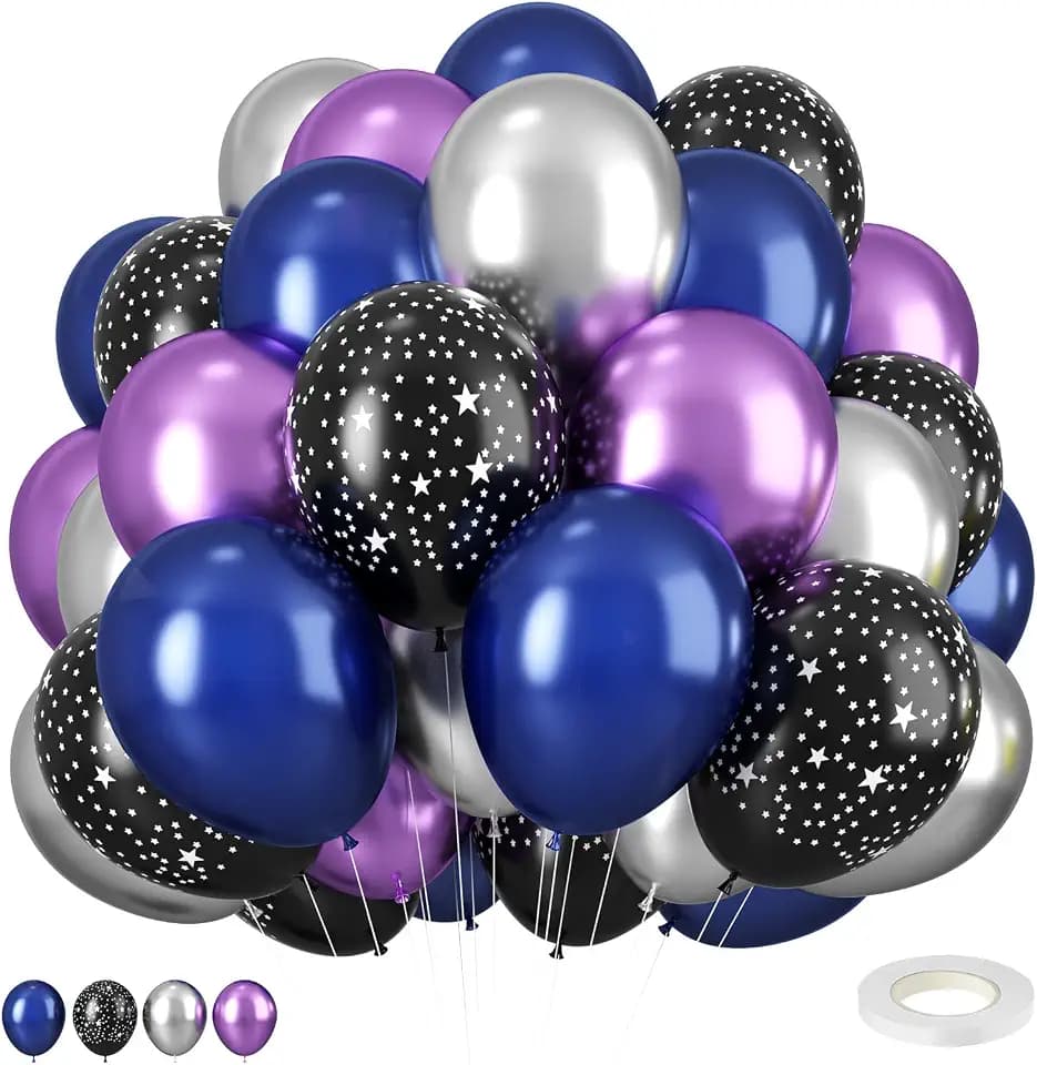 Galaxy Blue & Purple Metallic Balloons - Star Printed 12 Inch Space Theme