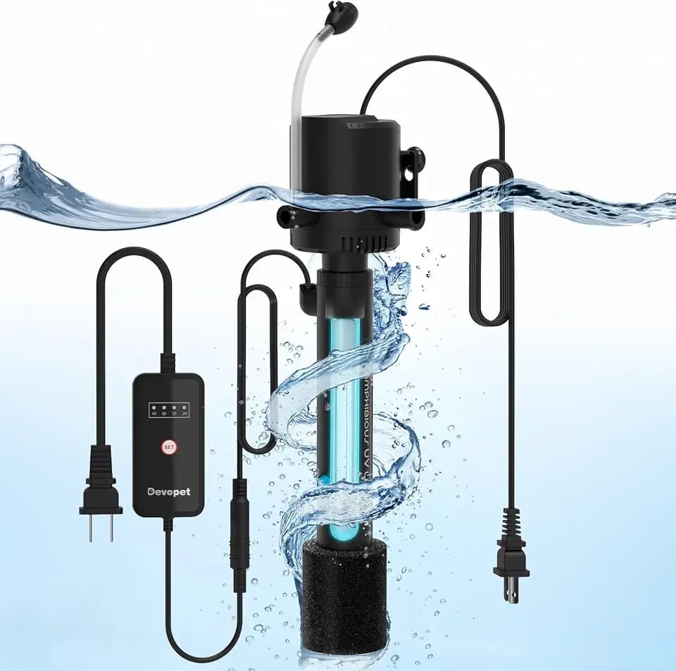 Aquarium Green Water Filter, U-V Light with Submersible Water Pump, U-V Filter with Aeration & Dual Water Outlet, 4-Speed Timer, for 40-120 Gallon Tank & Small Pond (265GPH/20W)