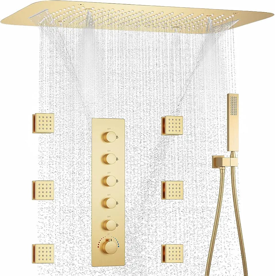 AYIVG Brushed Gold Full Body Shower System 3 In 1 Multi Function Waterfall Rainfall Ceiling 16 X 24 Inch Shower Head Brass 5 Way Thermostatic Shower Faucet with Handheld 6 Body Jets