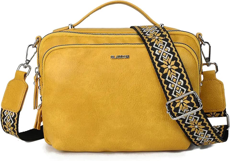 Gladdon Umhängetasche Damen, Schultertasche mit Reißverschluss, Crossbody Bag, Leder handtasche klein, Breite Schultergurte Jacquard-Gewebe
