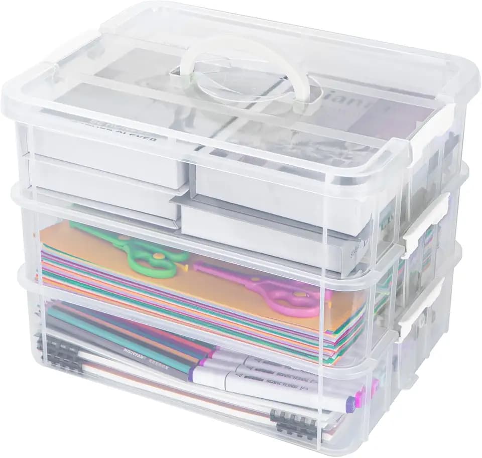 Creahaus 3-Stöckige Aufbewahrungsbox mit Deckel für Bastelarbeiten,Stapelbare Aufbewahrungsboxen für Bastelmaterial,Nähkasten,Sortierbox,Nähgarn Aufbewahrung(weiß)