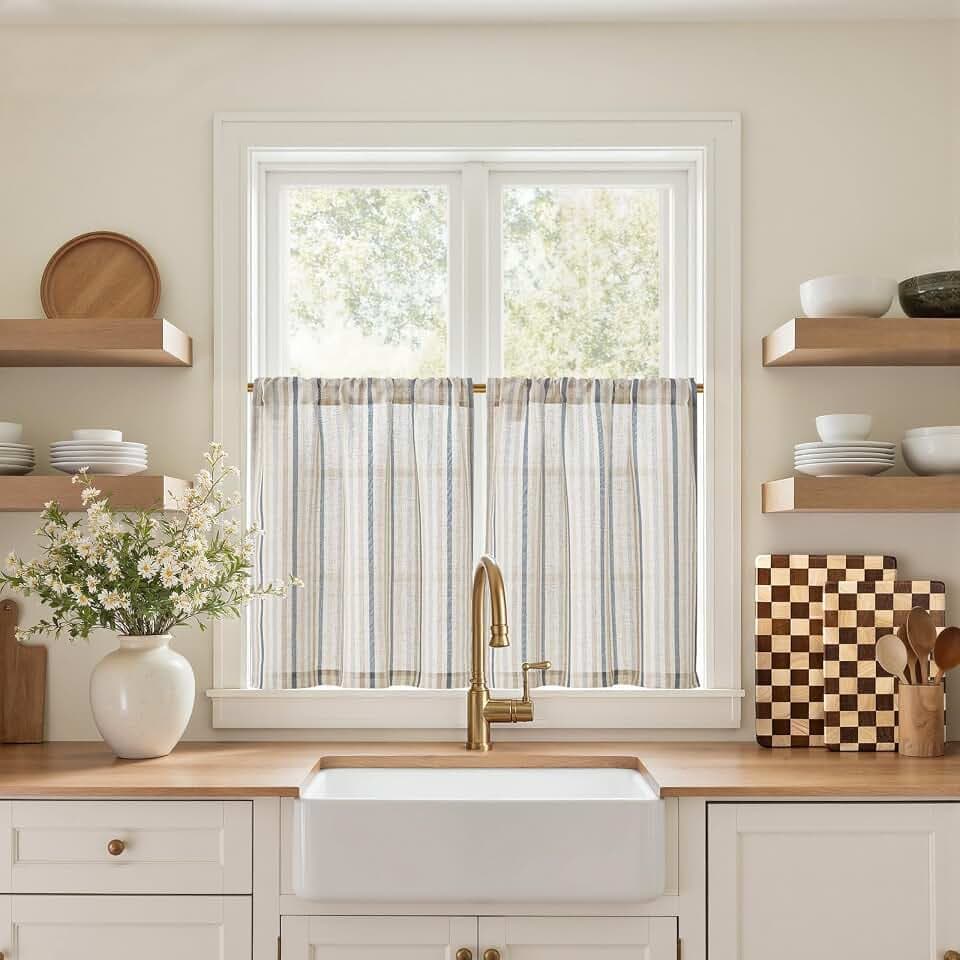 jinchan Striped Linen Kitchen Tier Curtains, 24 Inch, Multi Blue, 2 Panels