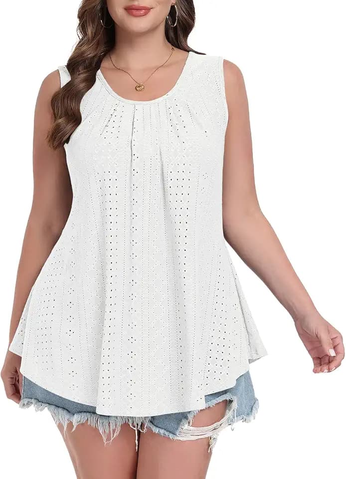 MONNURO Plus Size Tank Tops Summer Tops Eyelet Sleeveless T-Shirts Scoop Neck Loose Flowy Casual Tunic Shirts
