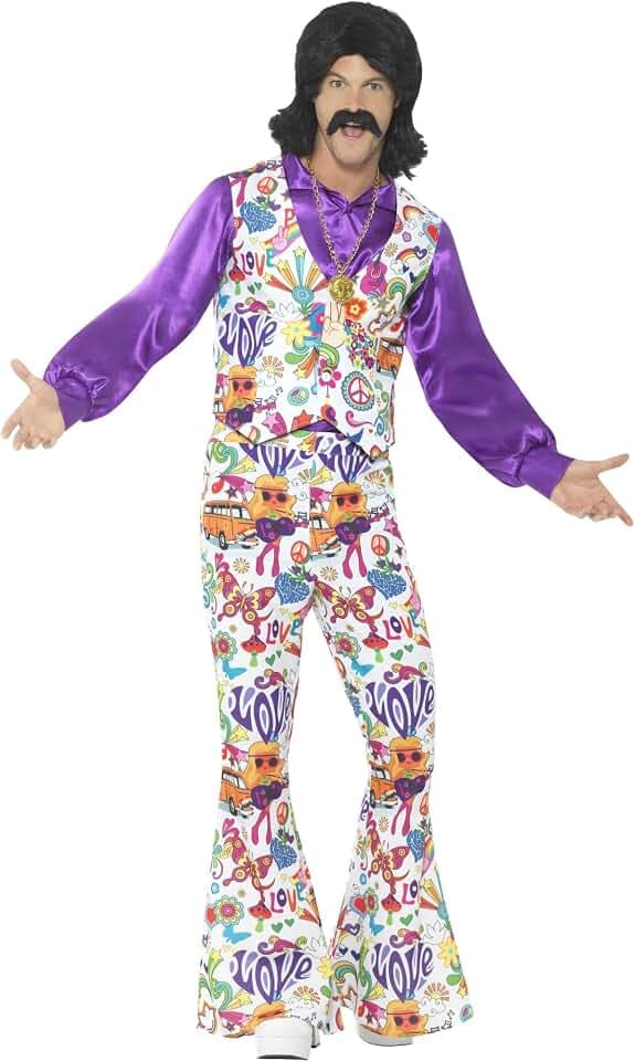 Smiffys - Herren 60er Jahre Groovy Hippie Kostüm, Weste, Hemd und Schlaghose, mehrfarbig