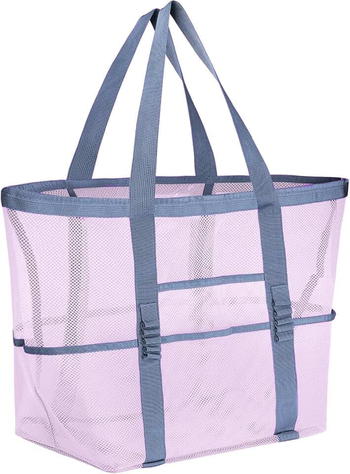 Mesh Beach Bags for Women - Plus Waterproof Sandproof Tote Bag with 8 Pockets and 1 inner Zipper Closure Pockets