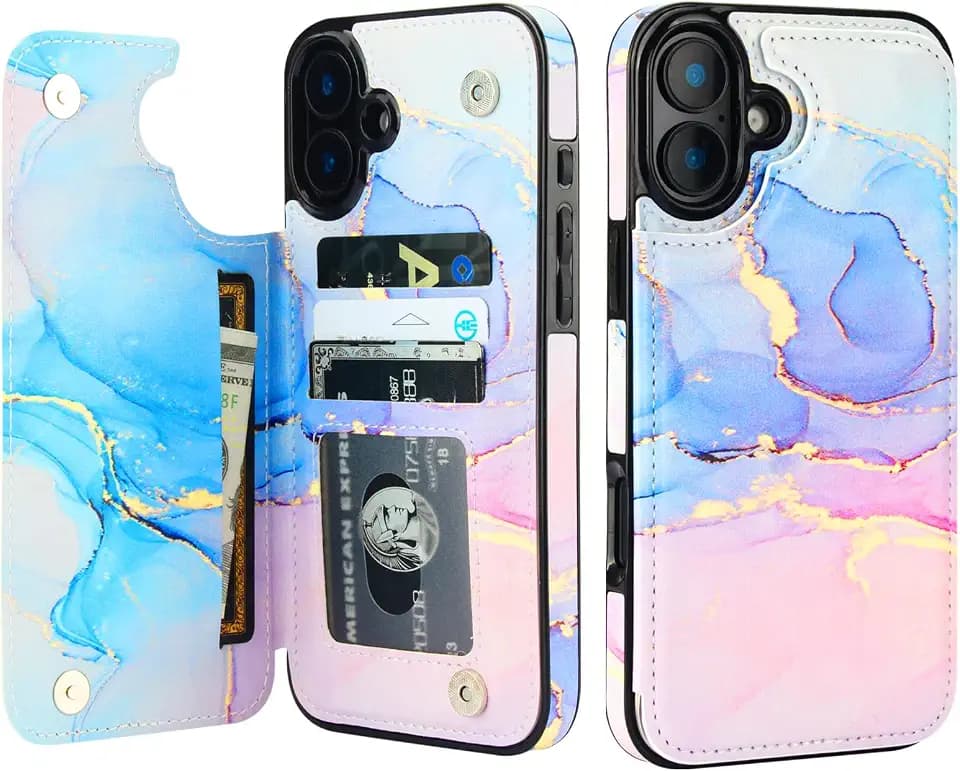 HAOPINSH for iPhone 16 Plus Wallet Case with Card Holder, Pink Blue Marble Pattern Back Flip Folio PU Leather Kickstand Card Slots Case for Women Girls, Double Magnetic Clasp Shockproof Cover 6.7"