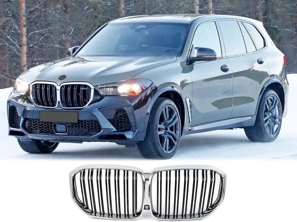 Front Kidney Grille w/Camera Hole Fit For 2019 2020 2021 2022 2023 BMW X5 G05 X5M F95 M-Performance,Double Slat Style,Chrome&Gloss Black
