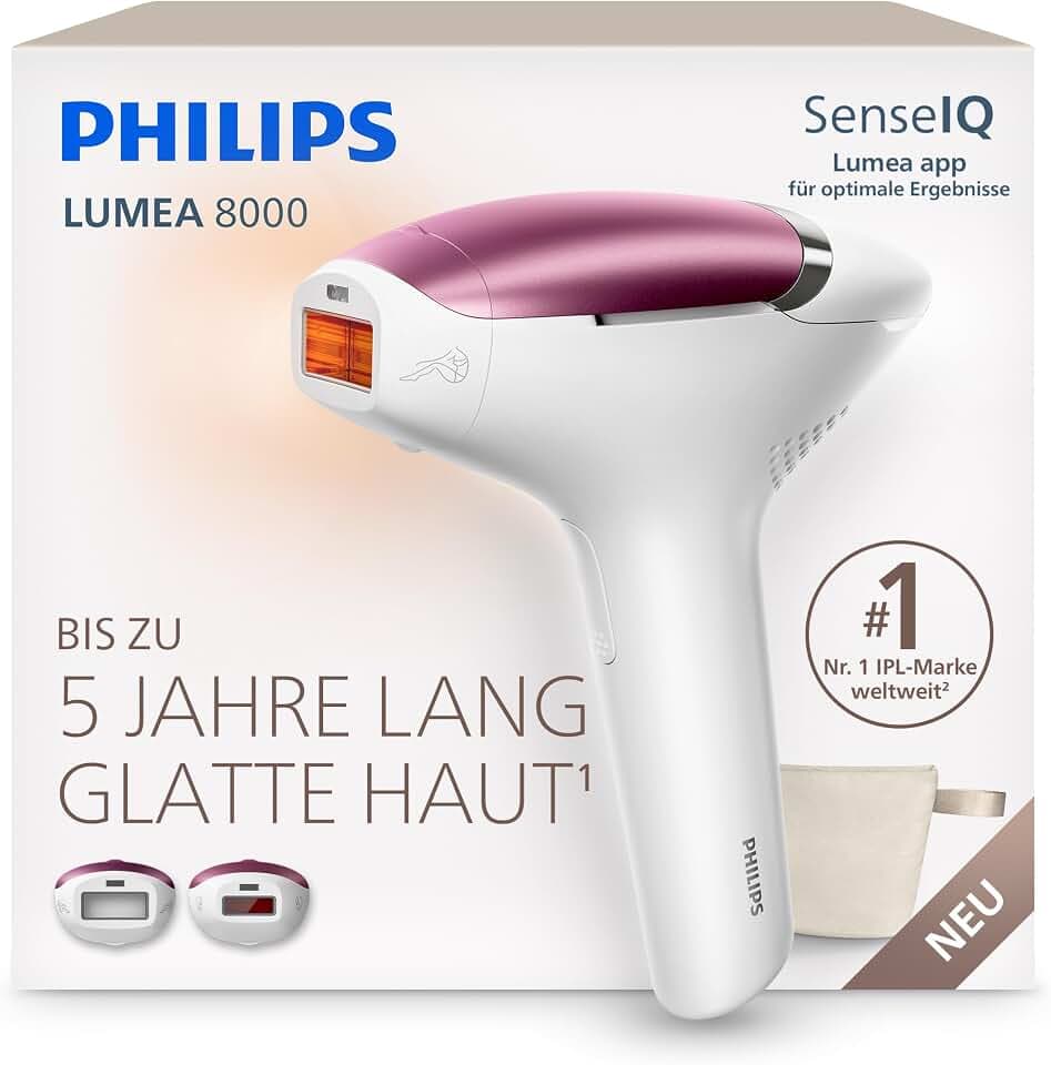 Philips Lumea 8000 IPL-Haarentfernungsgerät - bis zu 5 Jahre seidig glatte Haut, Anwendung zu Hause, medizinisch zertifiziert, 2 Aufsätze: Körper und Gesicht, BRI934/00