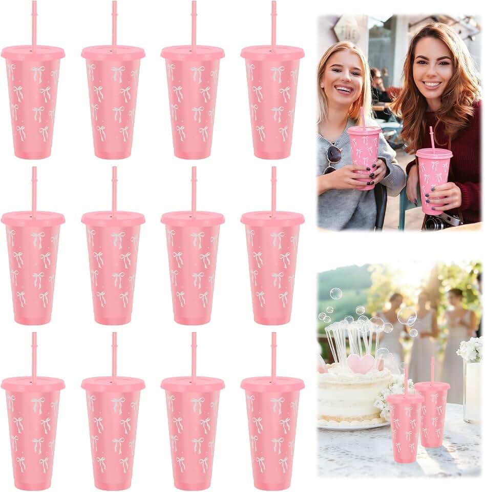 12 Stück 710ml Becher mit Deckel und Strohhalm, Wiederverwendbare Bow Trinkbecher mit Strohhalm, Plastikbecher, für Partys, Strand und Poolpartys(Rosa,710ml)
