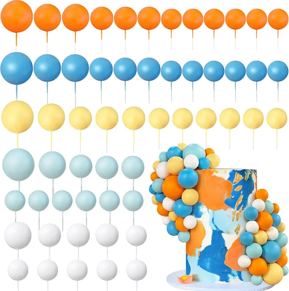 56 PCS Colorful Ball Shaped Cake Topper Pearl Balls Cupcake Cake Insert Topper for Birthday Party Wedding Decoration Supplies (Orange Blue)