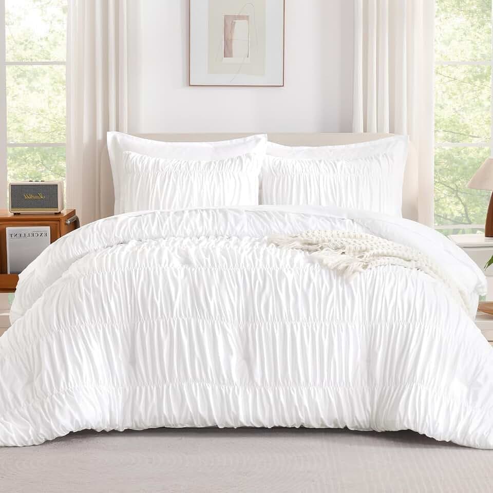 Andency Ruched White King Size Comforter Set, 7 Pieces Ruffle Bed in a Bag