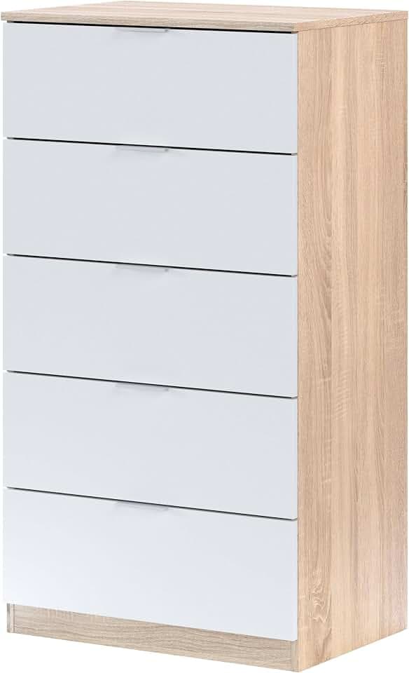 Habitdesign, Kommode mit 5 Schubladen – moderner Sinfonier in kanadische Eiche & Artik weiß für Schlafzimmer & Flur, platzsparender Schubladenschrank, Maße: 60 x 110 x 40 cm (B x H x T), Modell Alaya