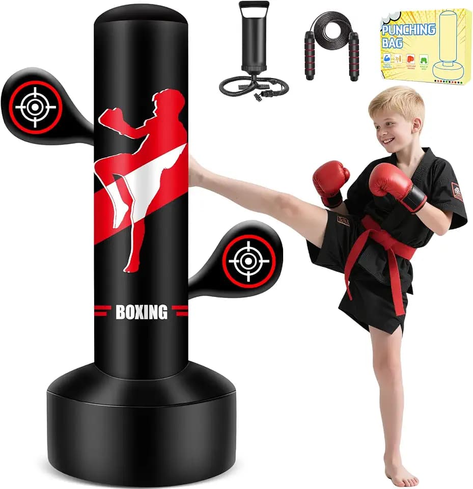 Boxsack Stehend 160cm Aufblasbarer Boxsack Kinder mit Boxhandschuhen Üben von MMA, Karate, Taekwondo und zum Abbau von aufgestauter Energie